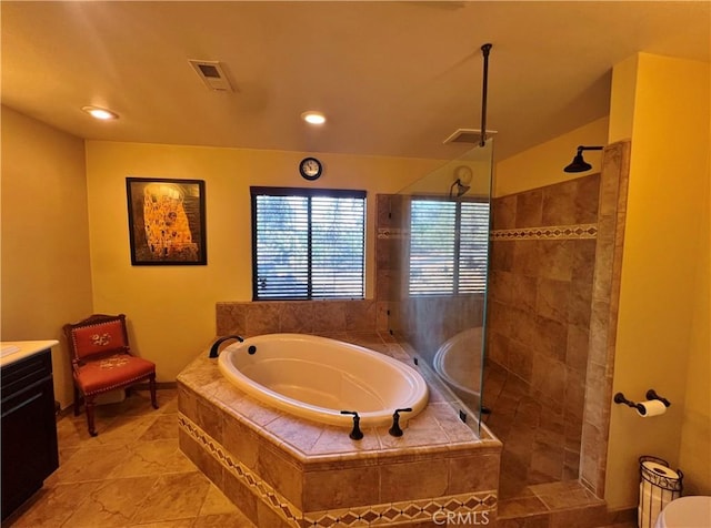 44293 Copper Creek Way, Coarsegold, CA 93614 - bathroom featuring a bath, walk in shower, vanity, recessed lighting, and tile patterned floors