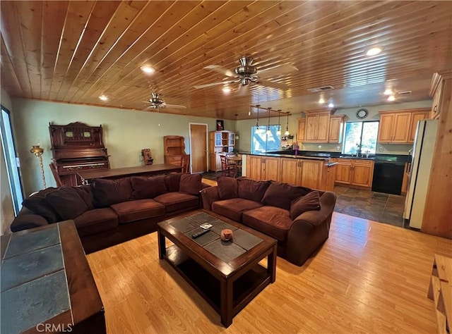 44293 Copper Creek Way, Coarsegold, CA 93614 - living area featuring wooden ceiling, wood finished floors, and ceiling fan