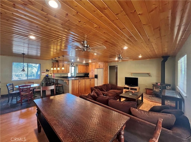 44293 Copper Creek Way, Coarsegold, CA 93614 - living area with wood ceiling, a wood stove, light wood-type flooring, ceiling fan, and recessed lighting