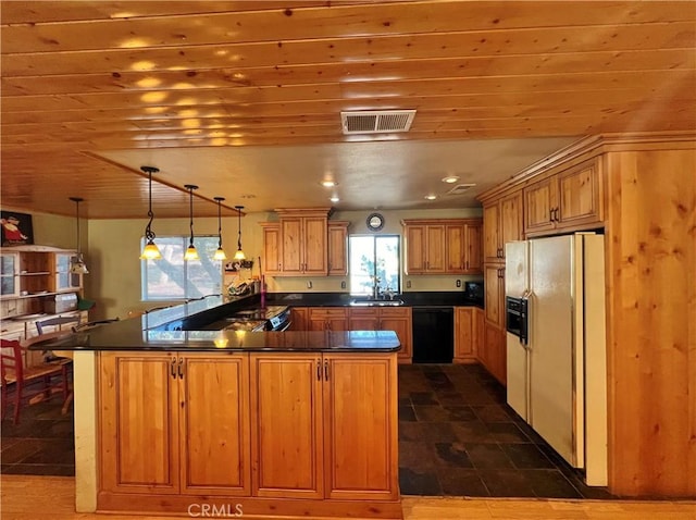 44293 Copper Creek Way, Coarsegold, CA 93614 - kitchen with dishwasher, white refrigerator with ice dispenser, dark countertops, hanging light fixtures, and wood ceiling