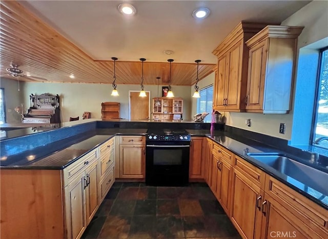 44293 Copper Creek Way, Coarsegold, CA 93614 - kitchen with black electric range oven, dark countertops, hanging light fixtures, dark stone finish flooring, and recessed lighting