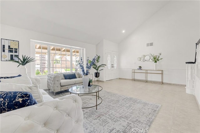 9921 Oceancrest Dr, Huntington Beach, CA 92646 - living area featuring tile patterned floors and high vaulted ceiling