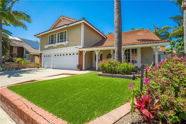 9921 Oceancrest Dr, Huntington Beach, CA 92646 - traditional home featuring a garage, stucco siding, a front lawn, driveway, and a tile roof