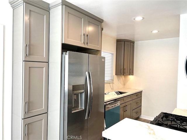 5126 Colfax Ave, Valley Village, CA 91601 - kitchen with stainless steel fridge with ice dispenser, dishwasher, gray cabinets, recessed lighting, and wood finished floors