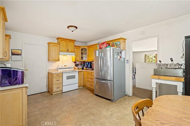 422 Zenon Way, Arroyo Grande, CA 93420 - kitchen featuring freestanding refrigerator, white electric range oven, under cabinet range hood, light countertops, and light brown cabinets