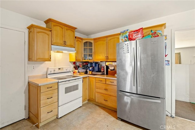 422 Zenon Way, Arroyo Grande, CA 93420 - kitchen featuring freestanding refrigerator, white electric range, under cabinet range hood, light countertops, and glass insert cabinets