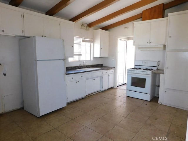 14200 Pawnee Rd, Apple Valley, CA 92307 - kitchen featuring white appliances, under cabinet range hood, white cabinets, and light tile patterned flooring