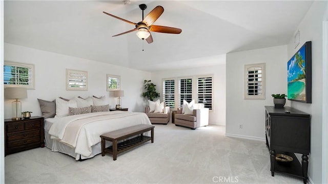16 Bayleaf Ln, Irvine, CA 92620 - bedroom with light colored carpet, vaulted ceiling, and a ceiling fan