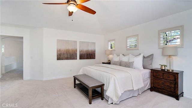 16 Bayleaf Ln, Irvine, CA 92620 - bedroom featuring light colored carpet, lofted ceiling, a ceiling fan, and arched walkways
