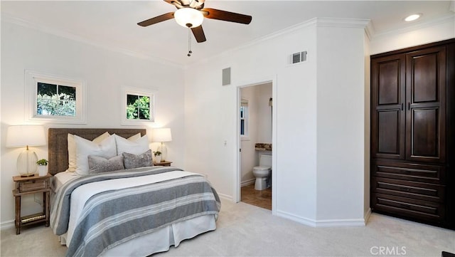 16 Bayleaf Ln, Irvine, CA 92620 - bedroom featuring light colored carpet, crown molding, connected bathroom, and ceiling fan