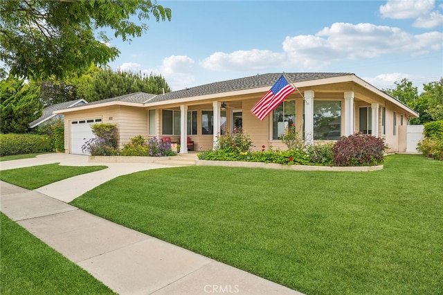 11272 Weatherby Rd, Los Alamitos, CA 90720 - ranch-style house featuring a front yard, a garage, driveway, a porch, and ceiling fan