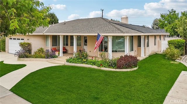 11272 Weatherby Rd, Los Alamitos, CA 90720 - view of front of property with a front yard, driveway, a garage, a chimney, and a shingled roof