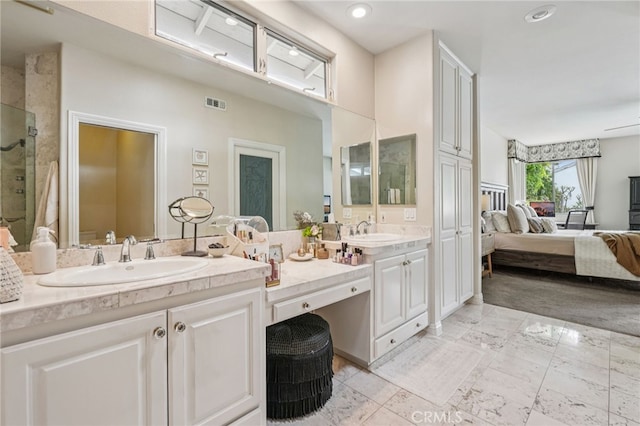 11272 Weatherby Rd, Los Alamitos, CA 90720 - bathroom featuring double vanity, a stall shower, connected bathroom, and recessed lighting