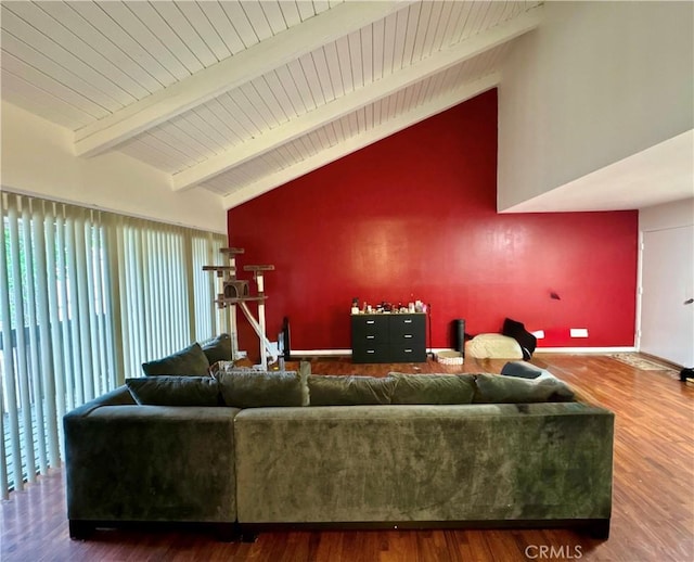 8601 International Ave Unit 271, Canoga Park, CA 91304 - living room with high vaulted ceiling, wood finished floors, and a wooden ceiling with exposed beams