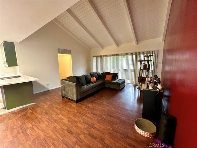8601 International Ave Unit 271, Canoga Park, CA 91304 - living area featuring wood finished floors, high vaulted ceiling, and a wood ceiling with exposed beams