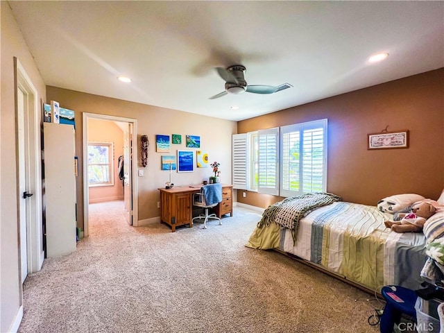 14207 Ashton Ln, Riverside, CA 92508 - bedroom with light carpet, an office area, a ceiling fan, and recessed lighting