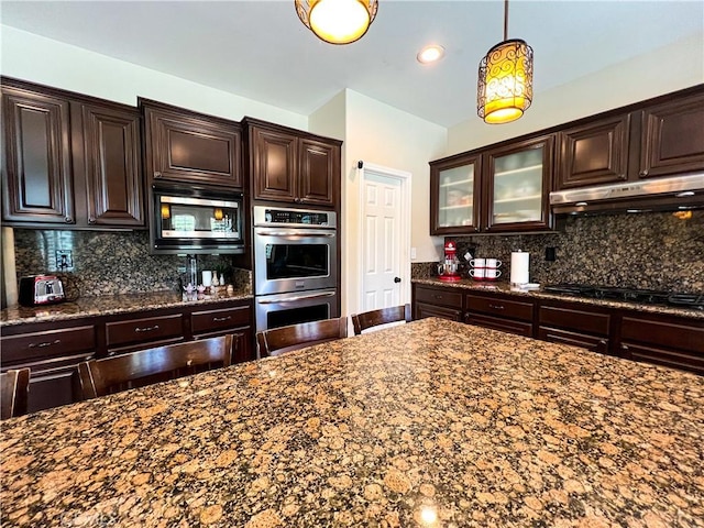 14207 Ashton Ln, Riverside, CA 92508 - kitchen featuring stainless steel appliances, under cabinet range hood, backsplash, glass insert cabinets, and dark brown cabinetry