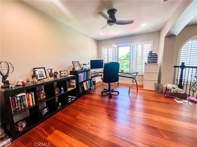 14207 Ashton Ln, Riverside, CA 92508 - home office featuring plenty of natural light, ceiling fan, wood finished floors, and recessed lighting