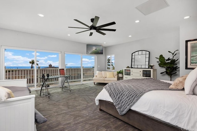 2203 Cameo Rd, Carlsbad, CA 92008 - bedroom with access to exterior, carpet flooring, recessed lighting, a water view, and a ceiling fan