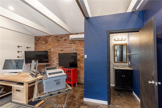 7441 Sylvia Ave, Reseda, CA 91335 - home office featuring vaulted ceiling, concrete floors, and an AC wall unit