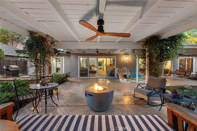 4835 Almidor Ave, Woodland Hills, CA 91364 - view of patio / terrace featuring a fire pit, a ceiling fan, a grill, and outdoor dining area