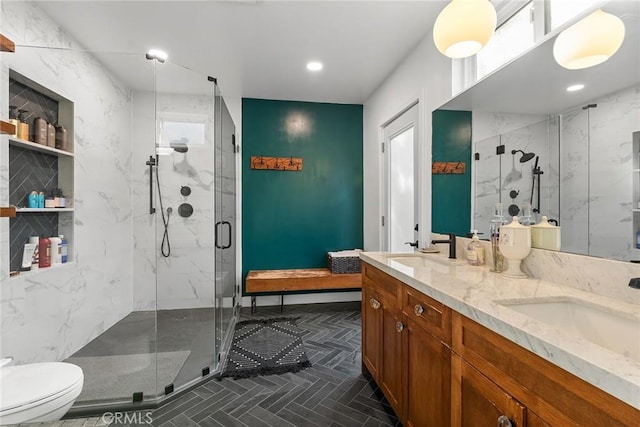 4835 Almidor Ave, Woodland Hills, CA 91364 - full bathroom featuring a marble finish shower, double vanity, and recessed lighting