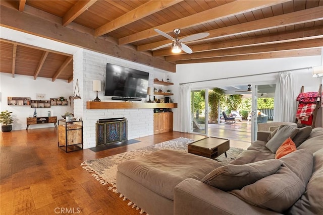 4835 Almidor Ave, Woodland Hills, CA 91364 - living area with a wooden ceiling with exposed beams, ceiling fan, hardwood / wood-style floors, and a fireplace