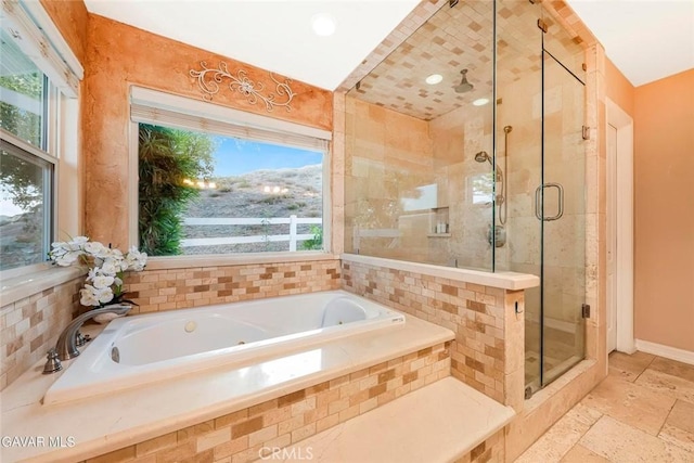 40505 90th St W, Palmdale, CA 93551 - full bath featuring a shower stall, a whirlpool tub, stone tile floors, and recessed lighting