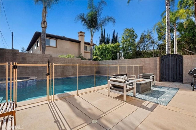 18330 Hanan Ct, Tarzana, CA 91356 - view of swimming pool featuring a fenced backyard, a patio, a fire pit, a gate, and a pool with connected hot tub