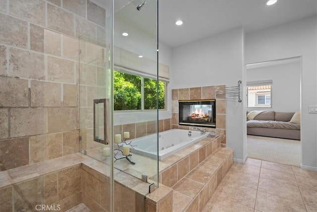 18330 Hanan Ct, Tarzana, CA 91356 - full bath with a garden tub, a fireplace, recessed lighting, a shower stall, and tile patterned flooring