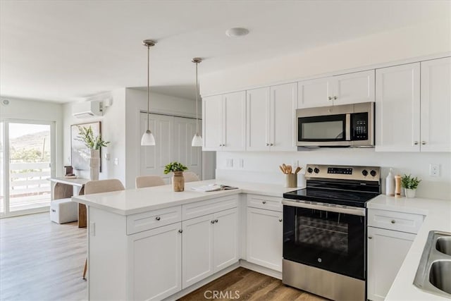 3802 Ranch House Rd Unit 102, San Luis Obispo, CA 93401 - kitchen with stainless steel appliances, a wall unit AC, a peninsula, wood finished floors, and white cabinetry