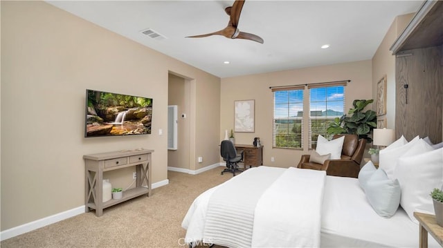 126 Luneta Ln, Rancho Mission Viejo, CA 92694 - bedroom with light carpet, recessed lighting, a ceiling fan, and a desk