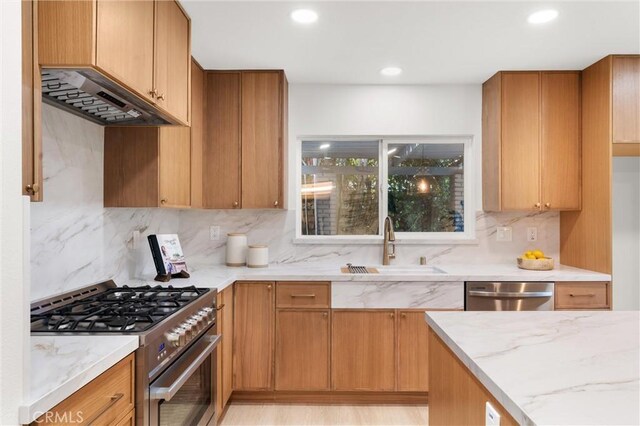 20371 Allport Ln, Huntington Beach, CA 92646 - kitchen with appliances with stainless steel finishes, exhaust hood, light stone countertops, tasteful backsplash, and recessed lighting