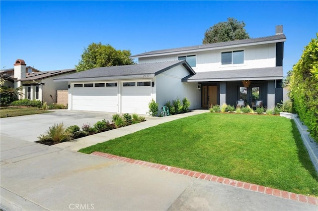 20371 Allport Ln, Huntington Beach, CA 92646 - traditional-style home featuring concrete driveway, a front lawn, an attached garage, and a chimney