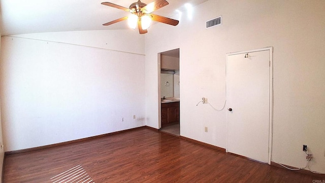 5312 Caminito Cachorro, San Diego, CA 92105 - unfurnished bedroom with wood finished floors, connected bathroom, high vaulted ceiling, and ceiling fan