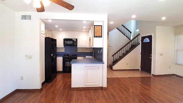 5312 Caminito Cachorro, San Diego, CA 92105 - kitchen featuring black appliances, ceiling fan, dark wood-type flooring, white cabinets, and recessed lighting