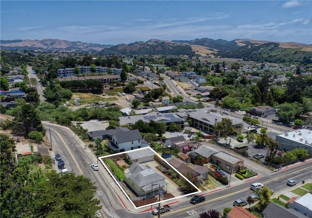 128 N Mason St, Arroyo Grande, CA 93420 - aerial view of property's location with property parcel outlined and a mountain backdrop