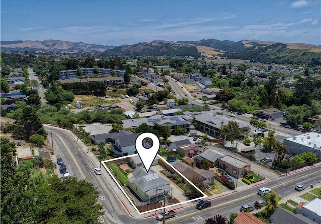 128 N Mason St, Arroyo Grande, CA 93420 - aerial overview of property's location with property parcel outlined and a mountainous background