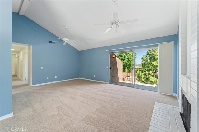 17430 Plaza Otonal, San Diego, CA 92128 - unfurnished living room featuring vaulted ceiling, a ceiling fan, carpet floors, and a fireplace