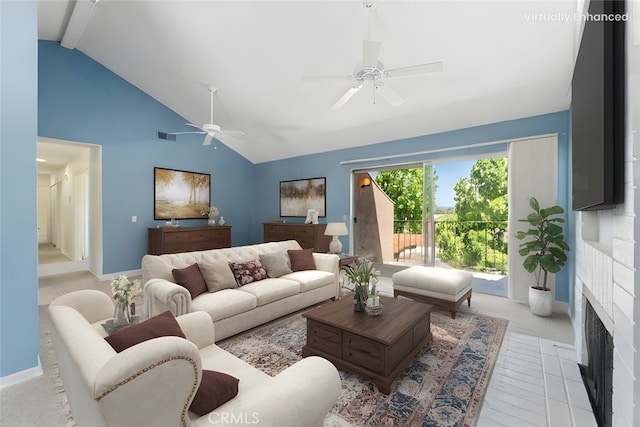 17430 Plaza Otonal, San Diego, CA 92128 - living area featuring a ceiling fan, a fireplace, and high vaulted ceiling