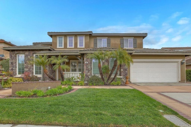 118 Double Eagle, Escondido, CA 92026 - view of front of property with covered porch, driveway, stucco siding, a front lawn, and an attached garage