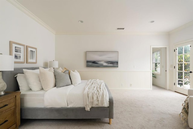 8031 La Jolla Shores Dr, La Jolla, CA 92037 - bedroom with crown molding, light colored carpet, wainscoting, and access to outside