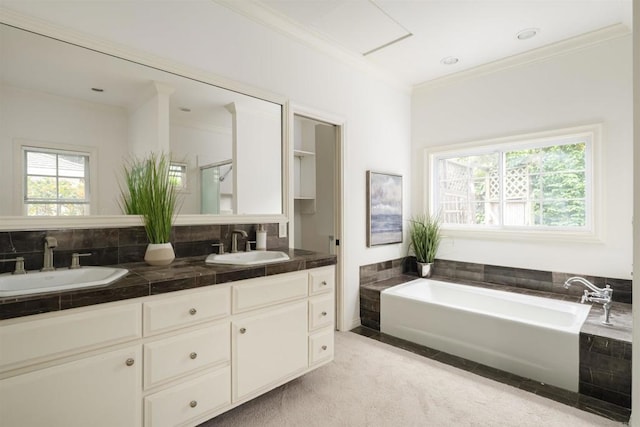 8031 La Jolla Shores Dr, La Jolla, CA 92037 - bathroom featuring a bath, crown molding, and double vanity