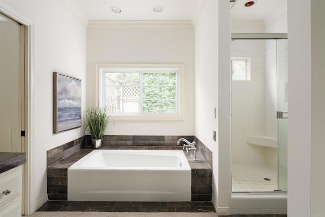8031 La Jolla Shores Dr, La Jolla, CA 92037 - bathroom featuring a garden tub, ornamental molding, a shower stall, and vanity