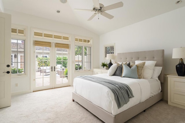 8031 La Jolla Shores Dr, La Jolla, CA 92037 - bedroom with french doors, access to exterior, light colored carpet, lofted ceiling, and ceiling fan