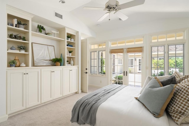 8031 La Jolla Shores Dr, La Jolla, CA 92037 - bedroom with access to exterior, vaulted ceiling, french doors, light colored carpet, and ceiling fan
