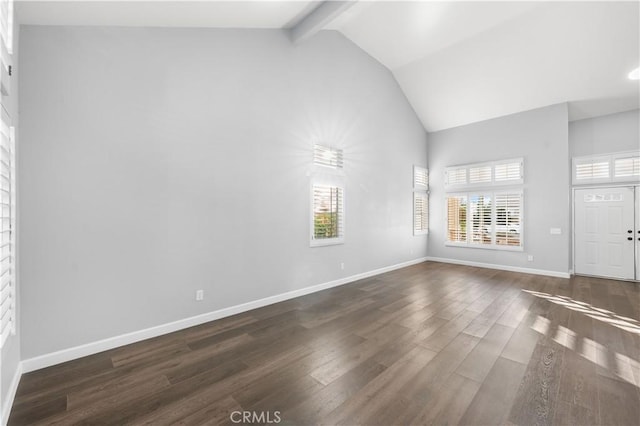 2892 Chuckwagon Rd, Palmdale, CA 93550 - unfurnished living room with high vaulted ceiling, dark wood-style floors, and beamed ceiling