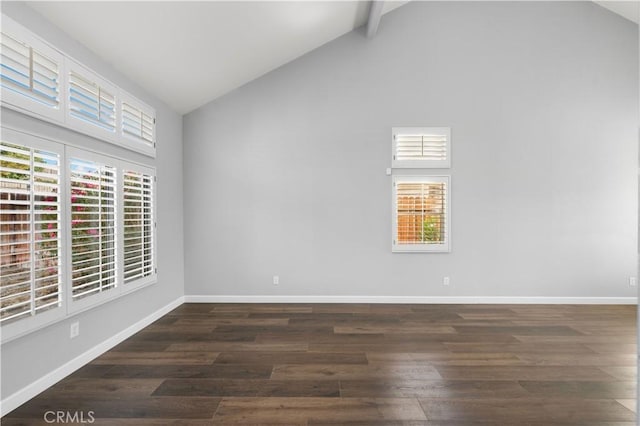 2892 Chuckwagon Rd, Palmdale, CA 93550 - unfurnished room featuring high vaulted ceiling, wood finished floors, plenty of natural light, and beam ceiling