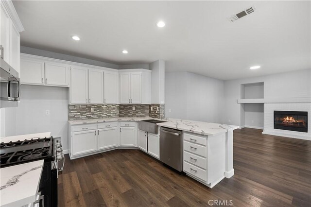 2892 Chuckwagon Rd, Palmdale, CA 93550 - kitchen with stainless steel appliances, a peninsula, white cabinetry, light stone counters, and recessed lighting