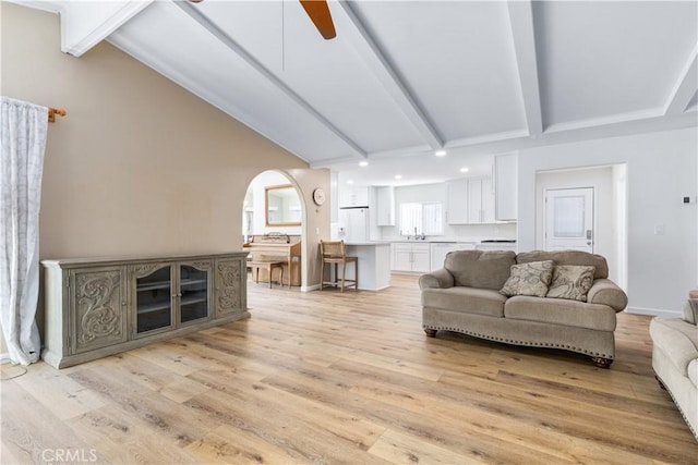 4955 Arizona Ave, Atascadero, CA 93422 - living area featuring ceiling fan, light wood-style flooring, arched walkways, and recessed lighting